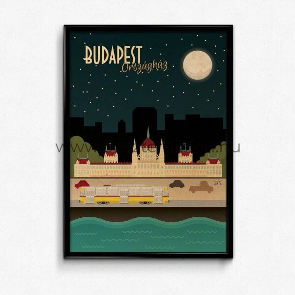 Budapest Országház, Duna és a sárga villamos vintage poszter